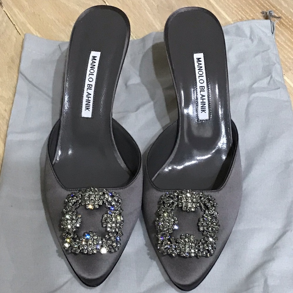 Manolo Blahnik Hangisi 70 Satin Mules Grey Shoes